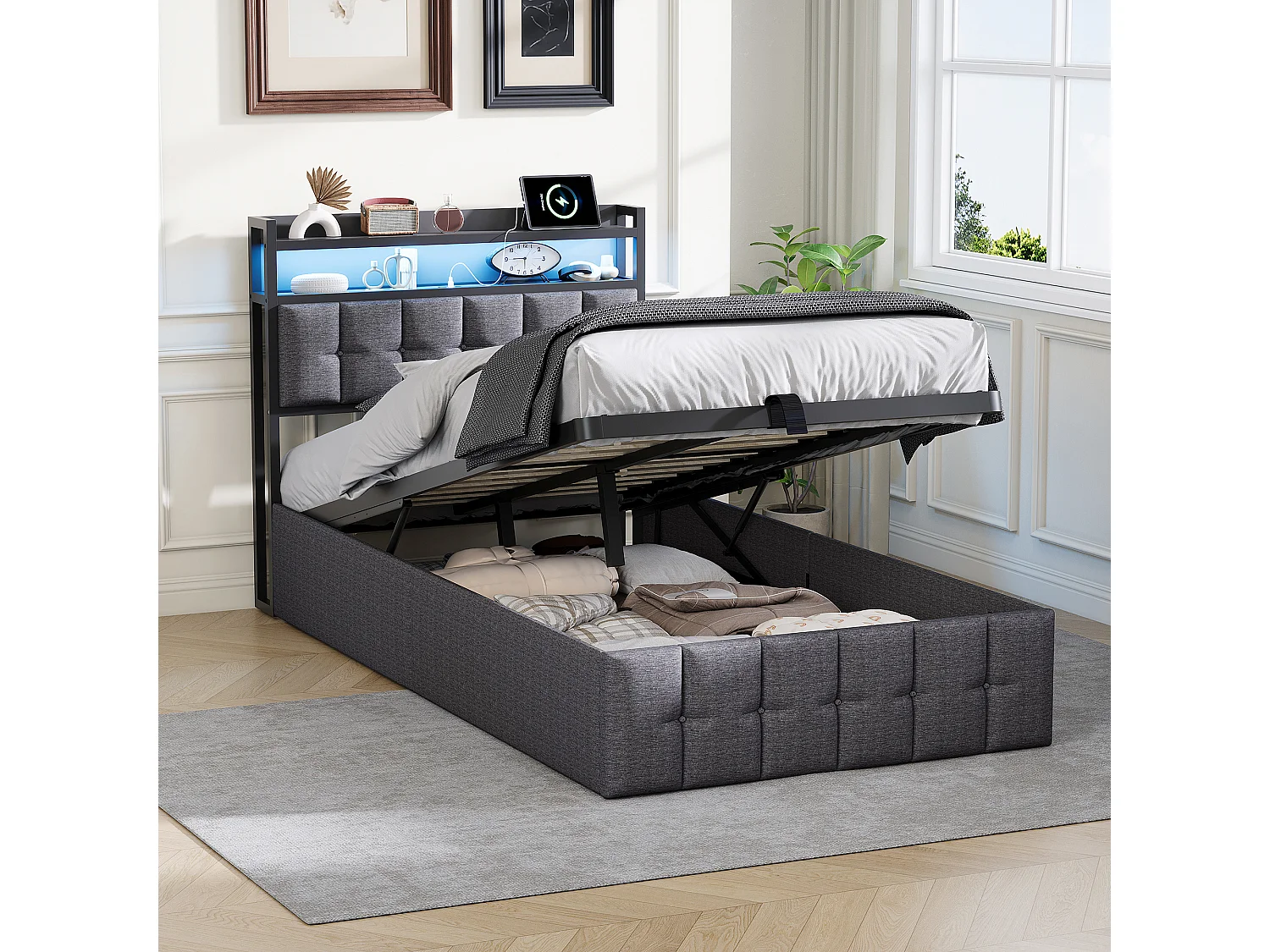 Cama de 90 x 200 cm con almacenamiento, LED y USB, somier de láminas, compartimento de almacenamiento, tapizada, ropa de cama, color gris.