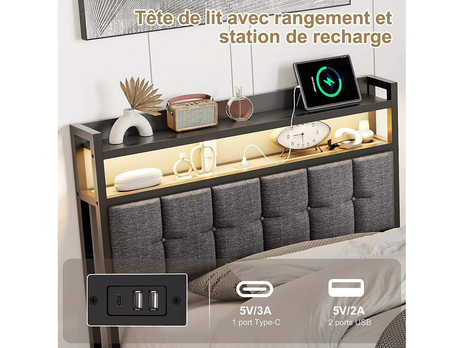 Cama de 90 x 200 cm con almacenamiento, LED y USB, somier de láminas, compartimento de almacenamiento, tapizada, ropa de cama, color gris.
