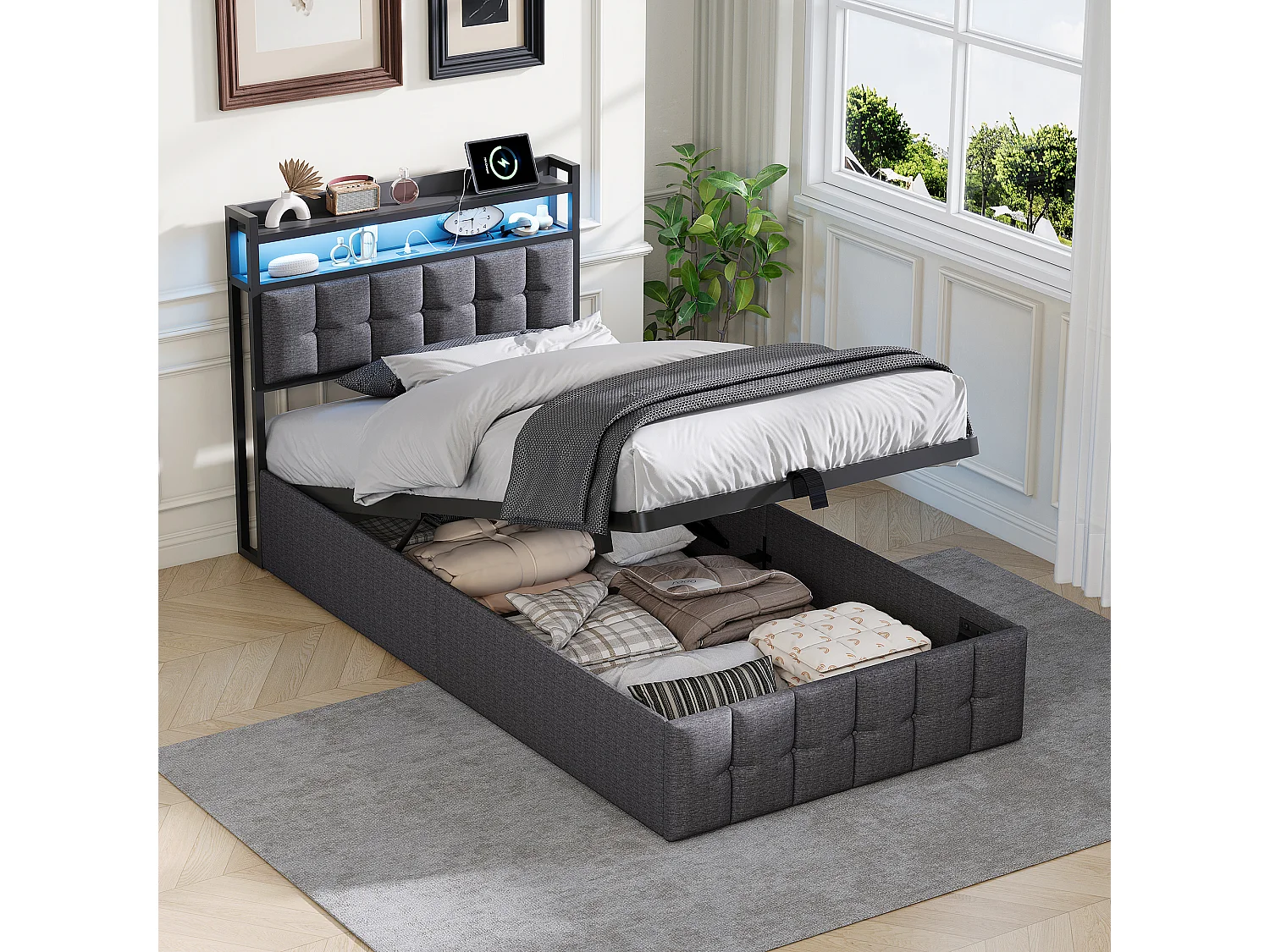 Cama de 90 x 200 cm con almacenamiento, LED y USB, somier de láminas, compartimento de almacenamiento, tapizada, ropa de cama, color gris.
