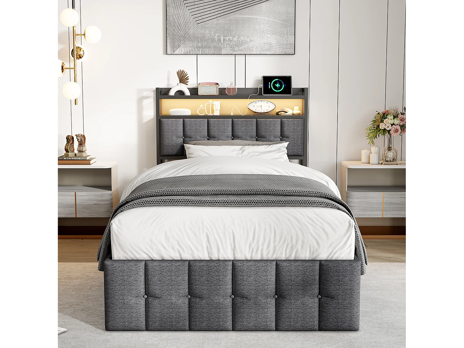 Cama de 90 x 200 cm con almacenamiento, LED y USB, somier de láminas, compartimento de almacenamiento, tapizada, ropa de cama, color gris.