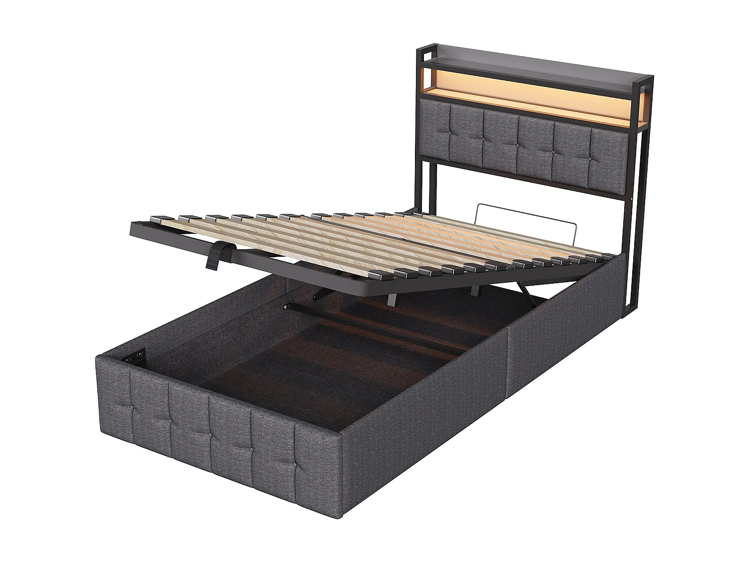 Cama de 90 x 200 cm con almacenamiento, LED y USB, somier de láminas, compartimento de almacenamiento, tapizada, ropa de cama, color gris.
