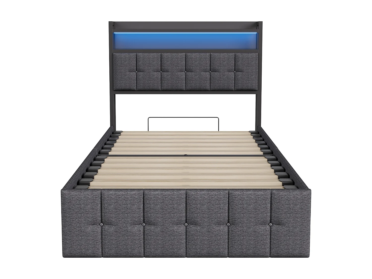 Cama de 90 x 200 cm con almacenamiento, LED y USB, somier de láminas, compartimento de almacenamiento, tapizada, ropa de cama, color gris.