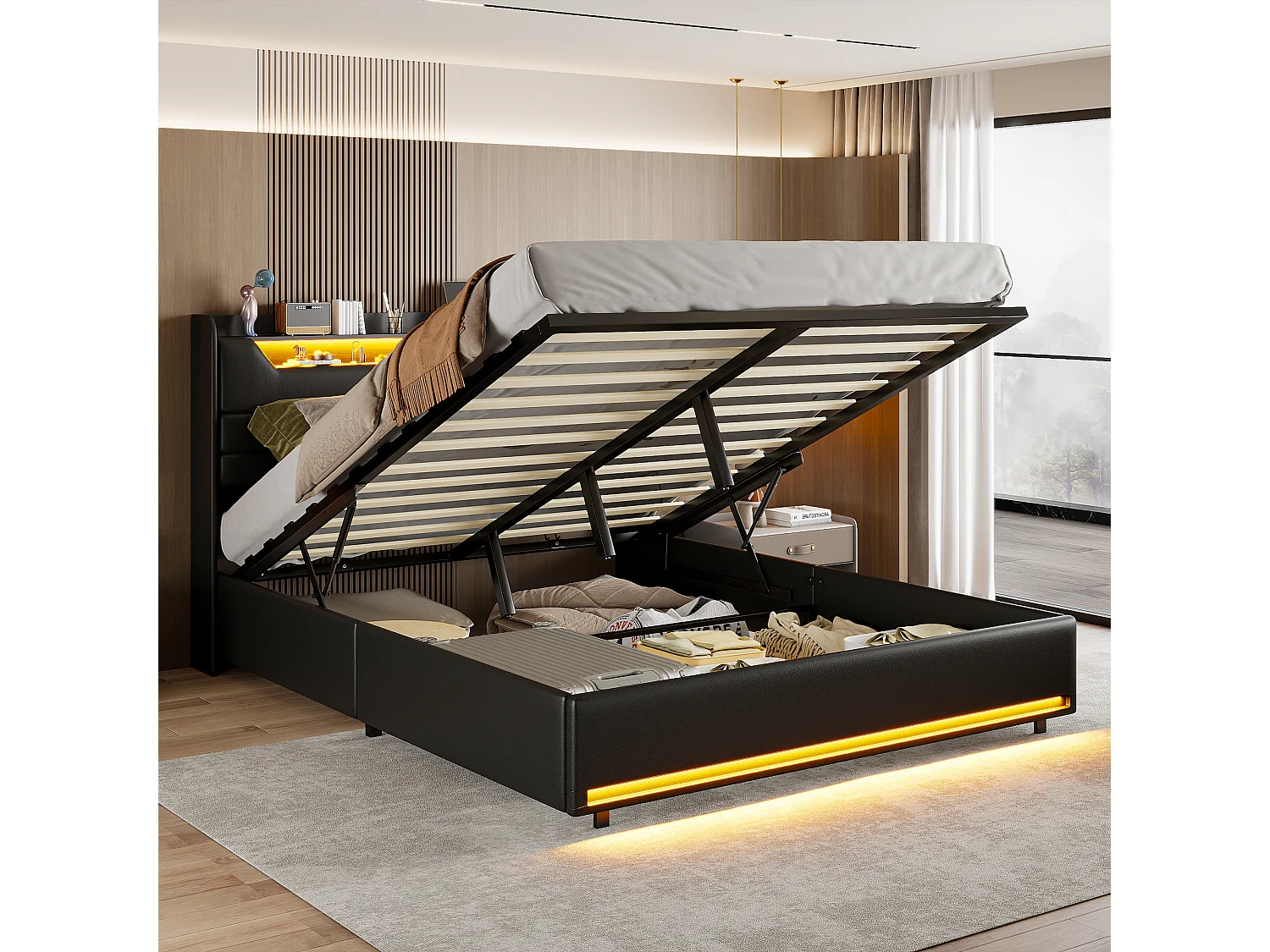 Lit Coffre 140 x 190 cm avec LED et Charge USB, Lit Double Rembourré avec Rangement, PU, Noir
