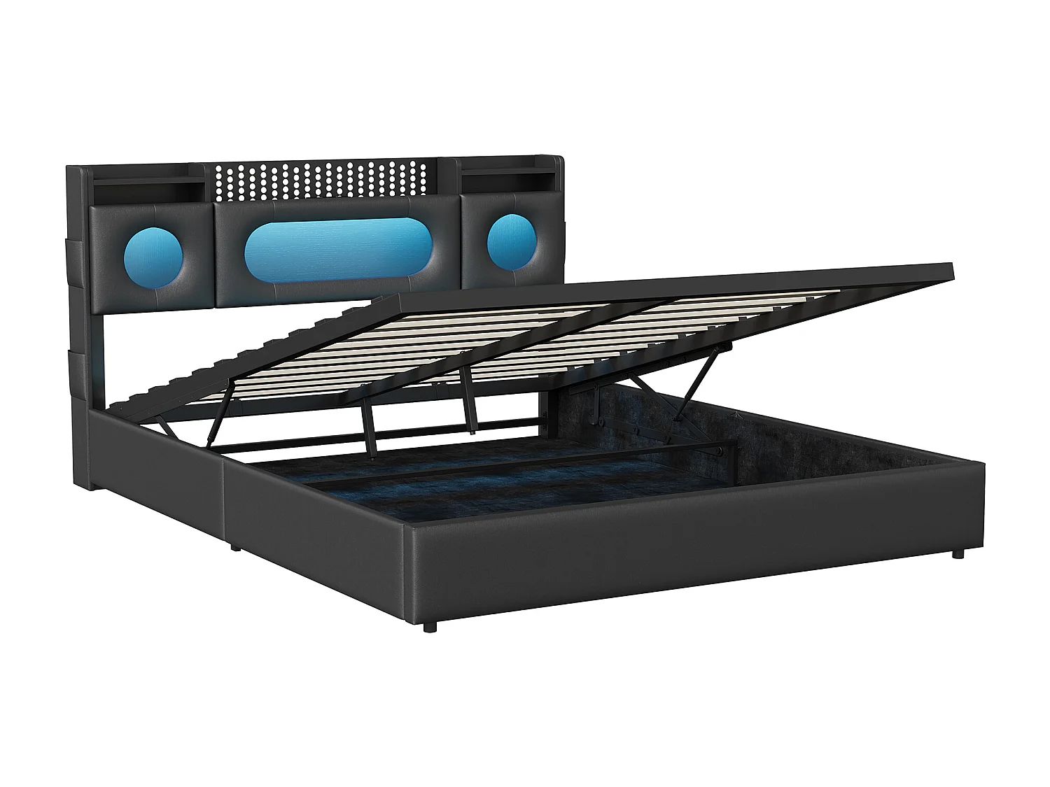 Lit 140 x 200 cm avec LED, Lit Coffre avec Rangement de Tête de Lit et Port USB, Fenêtre Acrylique, PU, Noir