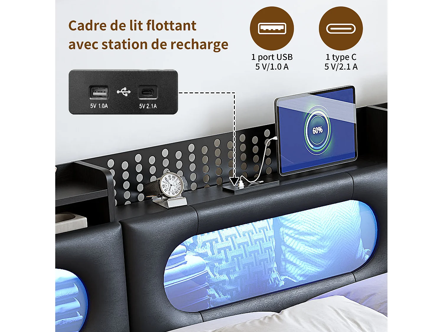 Lit 140 x 200 cm avec LED, Lit Coffre avec Rangement de Tête de Lit et Port USB, Fenêtre Acrylique, PU, Noir