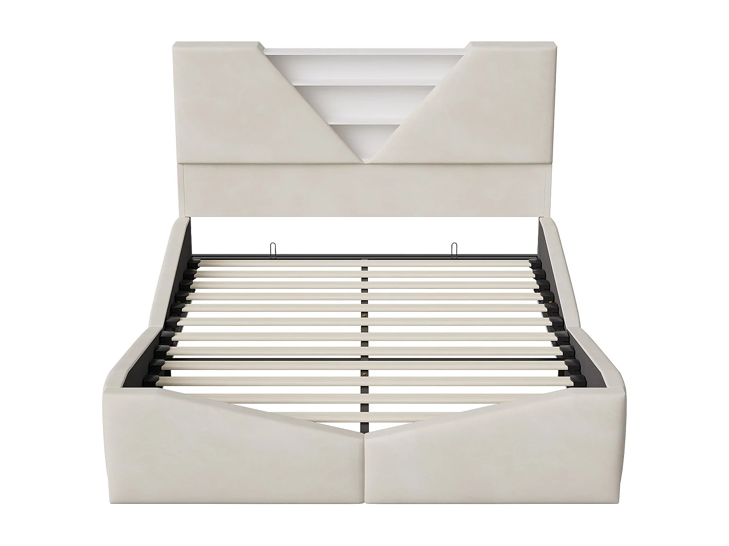 Lit Coffre 140 x 190 cm avec Sommier à Lattes, Lit Double en Velours avec Rangement, LED, Blanc