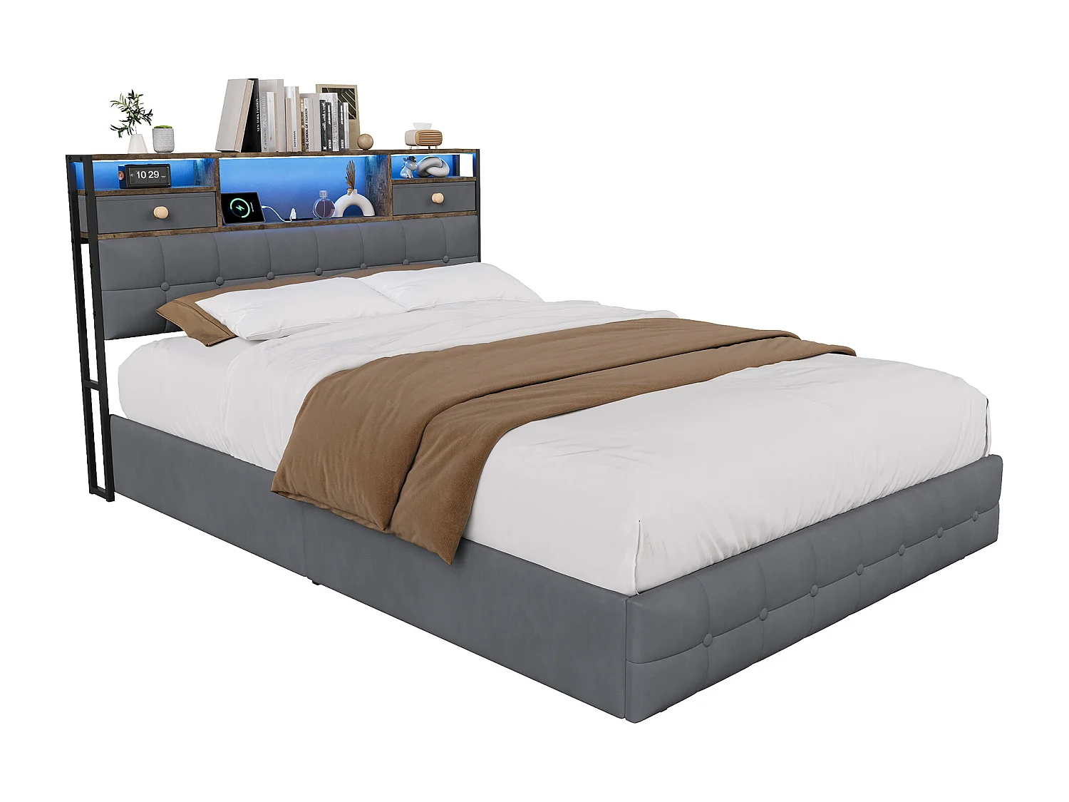 Lit double rembourré, 160 x 200 cm, avec LED et prises, sommier à lattes, cadre de lit, en velours, gris