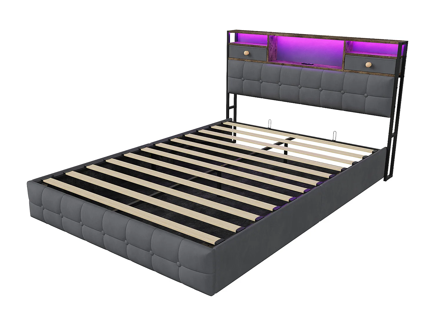 Lit double rembourré, 160 x 200 cm, avec LED et prises, sommier à lattes, cadre de lit, en velours, gris