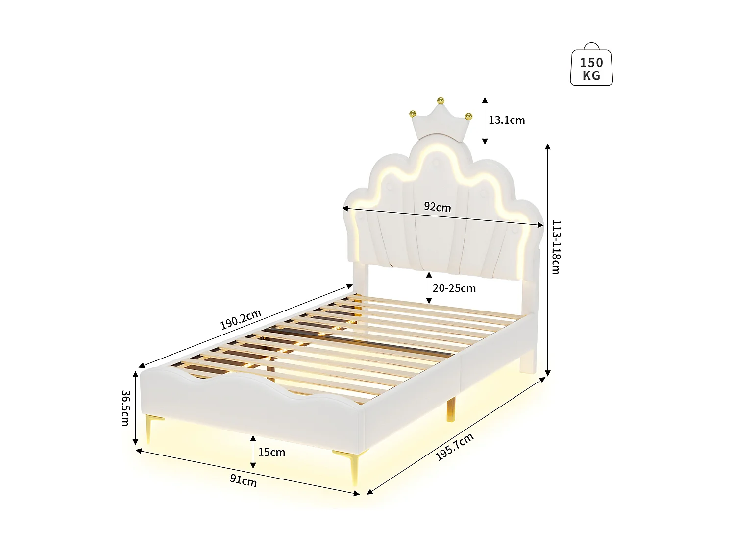 Lit Enfant 90 x 190cm, Lit pour Enfant rembourré avec LED réglable, avec tête de Fleur et sommier à Lattes, Blanc