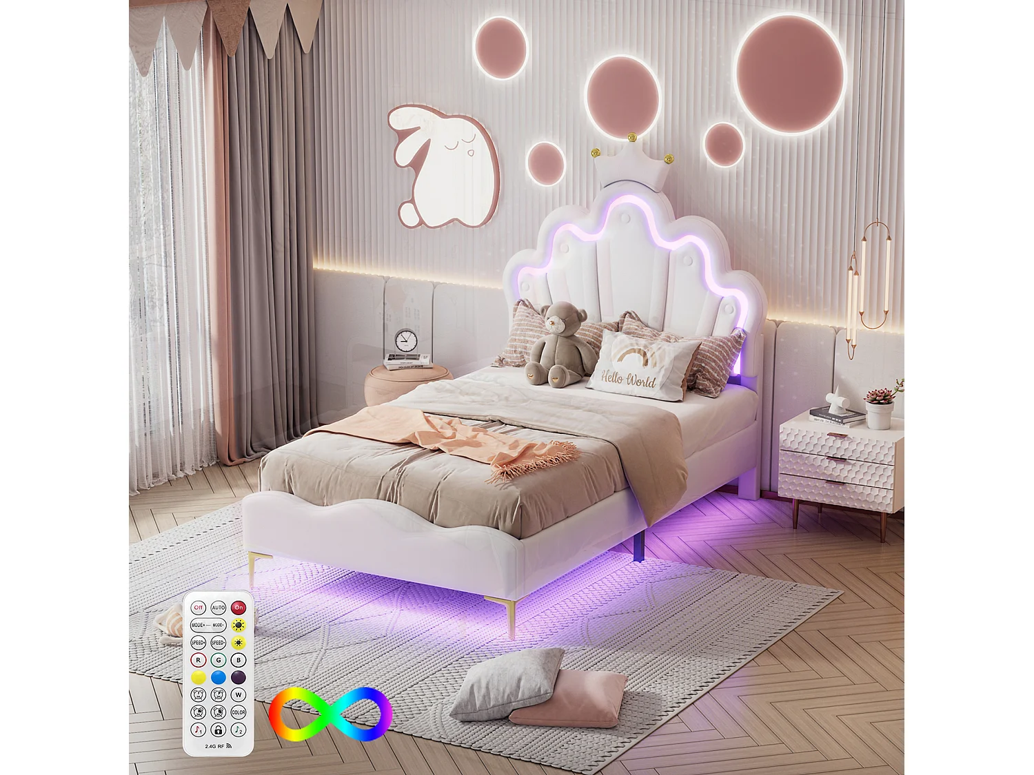Lit Enfant 90 x 190cm, Lit pour Enfant rembourré avec LED réglable, avec tête de Fleur et sommier à Lattes, Blanc