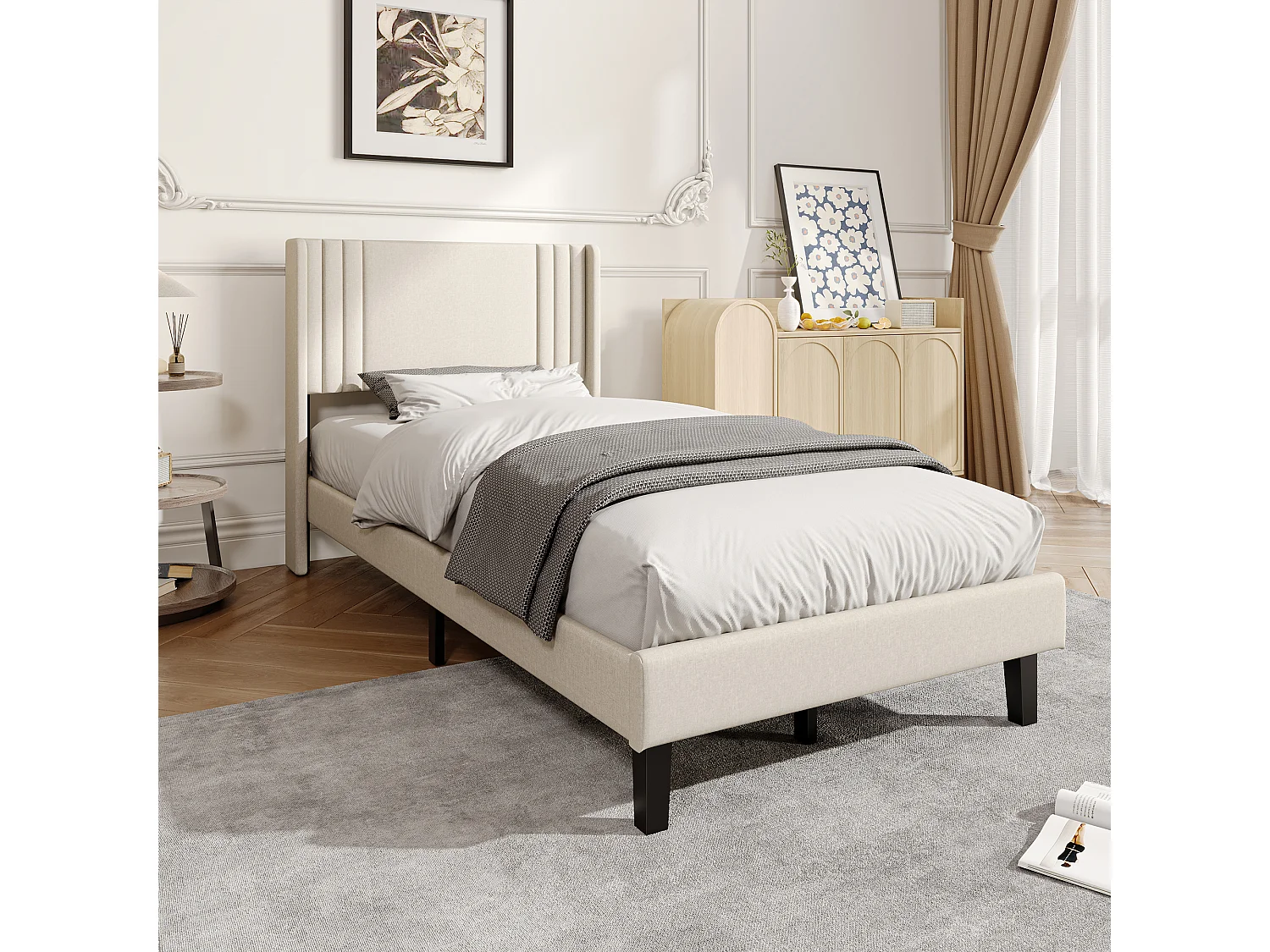 Lit Capitonné 90 x 200 cm, Cadre de Lits avec Sommier à Lattes et Tête Capitonnée, Lin, Beige