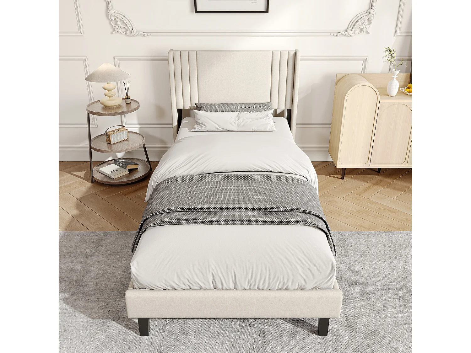 Lit Capitonné 90 x 200 cm, Cadre de Lits avec Sommier à Lattes et Tête Capitonnée, Lin, Beige