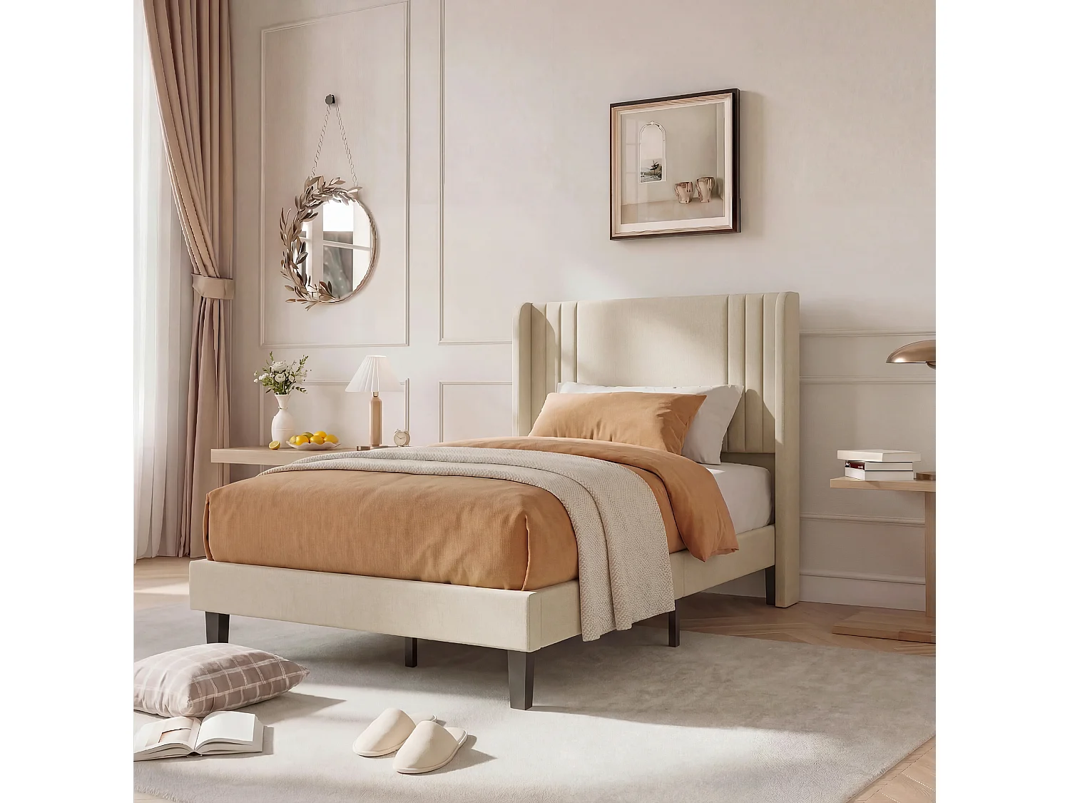 Lit Capitonné 90 x 200 cm, Cadre de Lits avec Sommier à Lattes et Tête Capitonnée, Lin, Beige