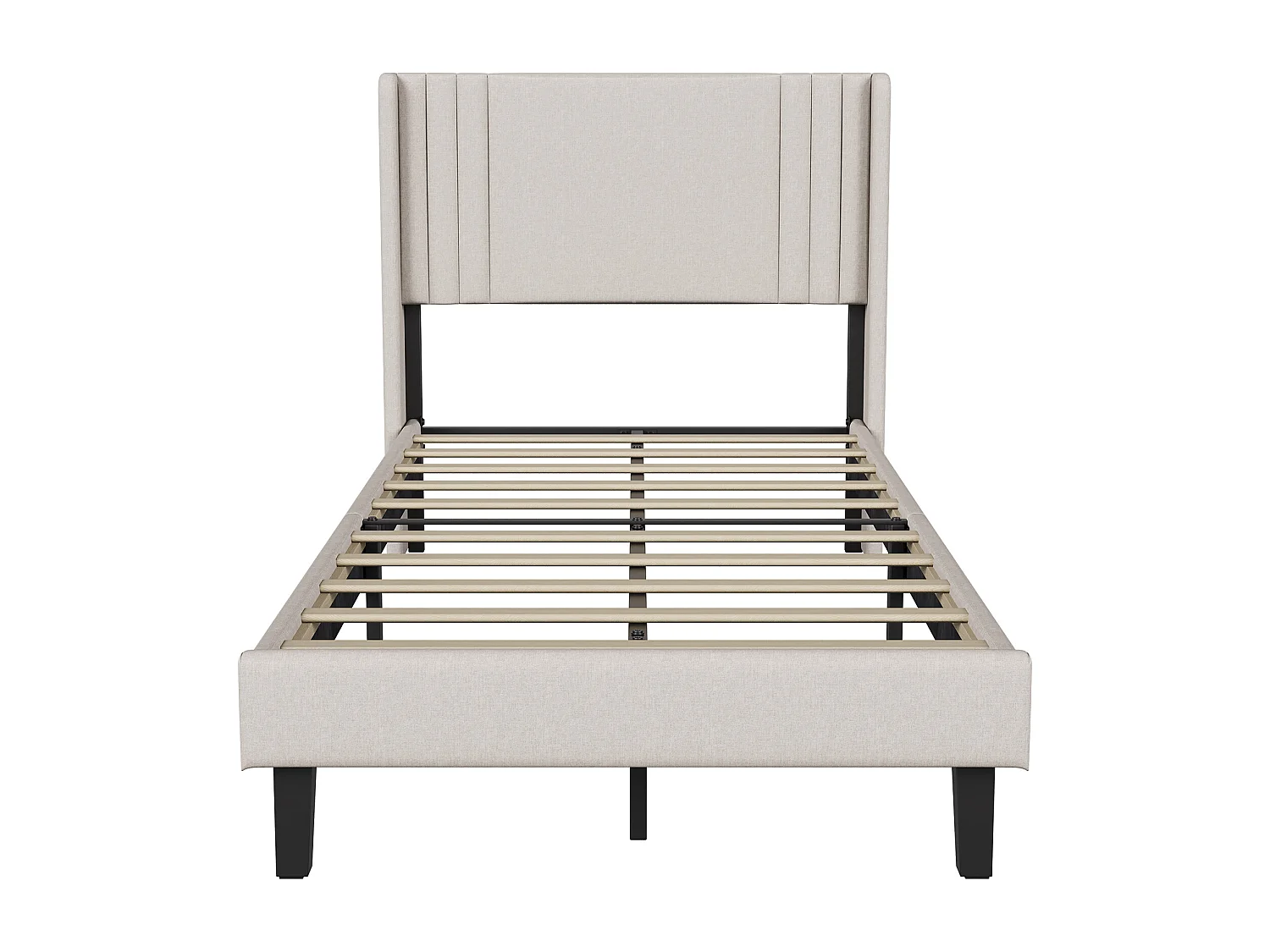 Lit Capitonné 90 x 200 cm, Cadre de Lits avec Sommier à Lattes et Tête Capitonnée, Lin, Beige