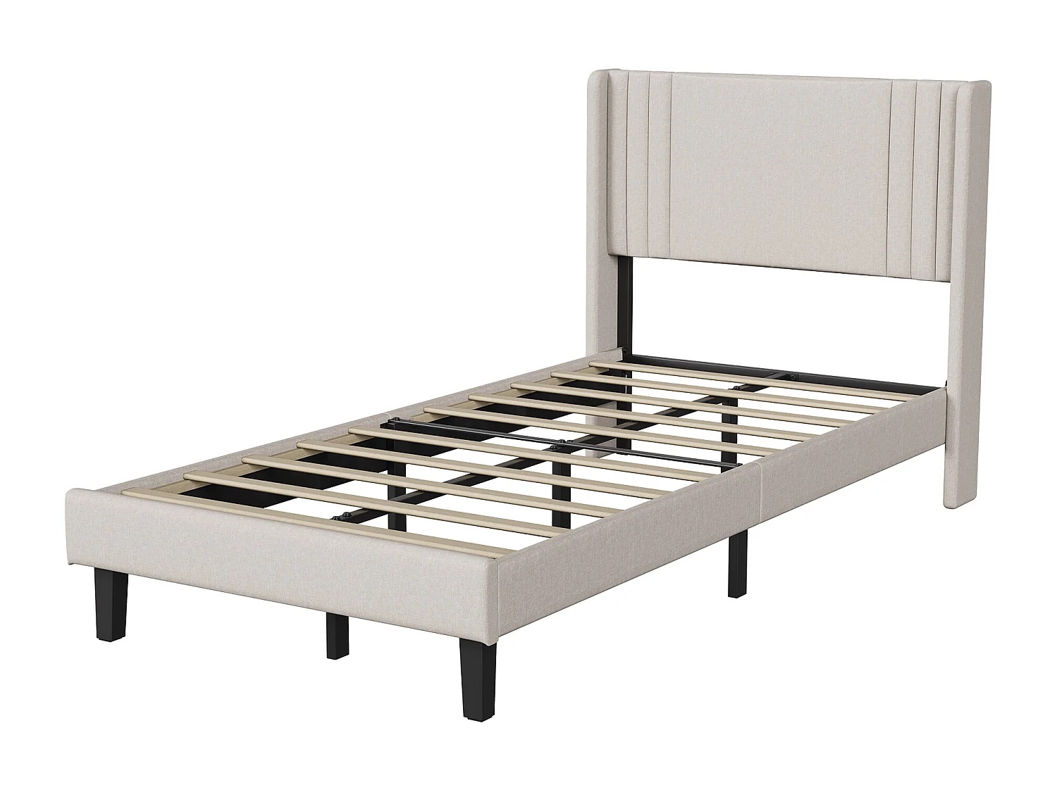 Lit Capitonné 90 x 200 cm, Cadre de Lits avec Sommier à Lattes et Tête Capitonnée, Lin, Beige