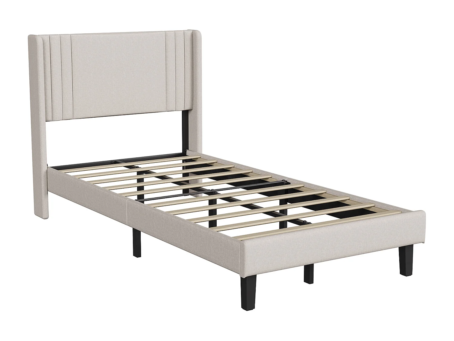 Lit Capitonné 90 x 200 cm, Cadre de Lits avec Sommier à Lattes et Tête Capitonnée, Lin, Beige