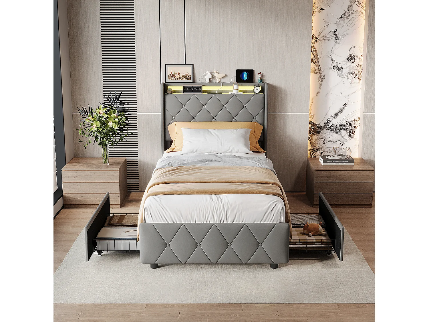 Cama de solteiro de 90 x 200 cm com LED e USB, 2 gavetas, cabeceira com espaço de armazenamento, veludo, cinza.