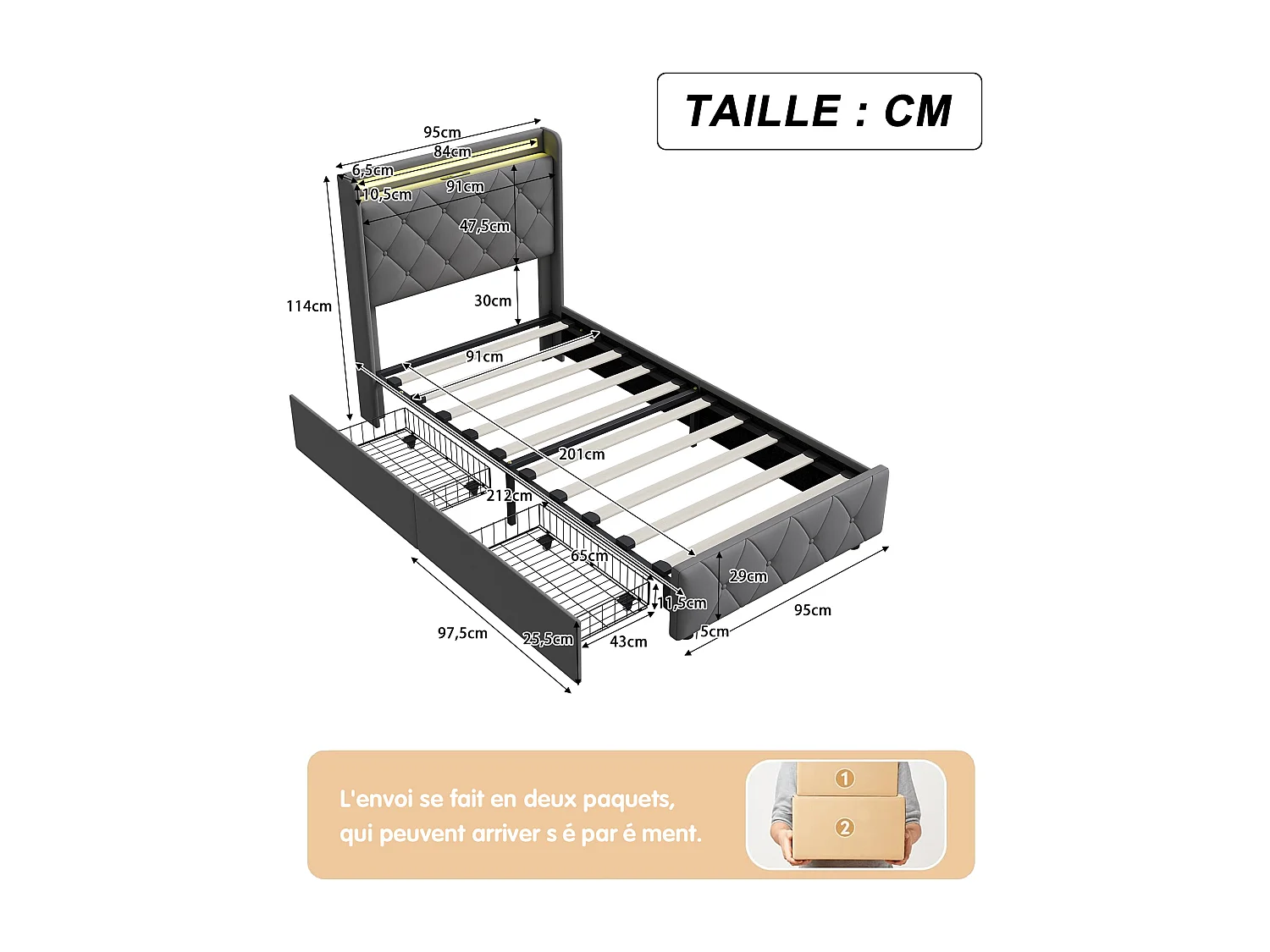 Cama de solteiro de 90 x 200 cm com LED e USB, 2 gavetas, cabeceira com espaço de armazenamento, veludo, cinza.
