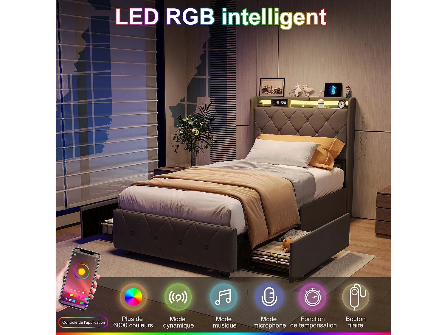 Cama de solteiro de 90 x 200 cm com LED e USB, 2 gavetas, cabeceira com espaço de armazenamento, veludo, cinza.