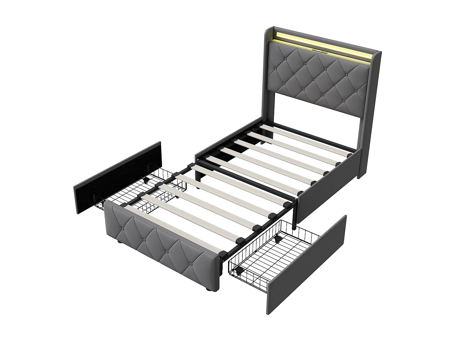 Cama de solteiro de 90 x 200 cm com LED e USB, 2 gavetas, cabeceira com espaço de armazenamento, veludo, cinza.