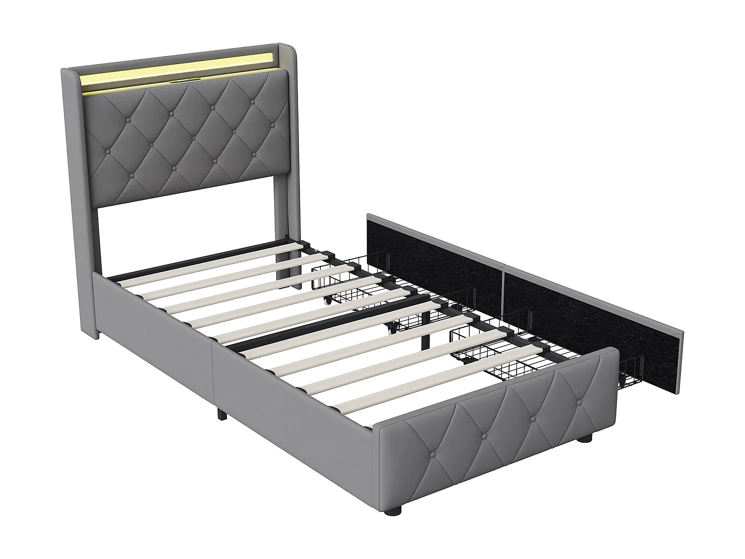 Cama de solteiro de 90 x 200 cm com LED e USB, 2 gavetas, cabeceira com espaço de armazenamento, veludo, cinza.
