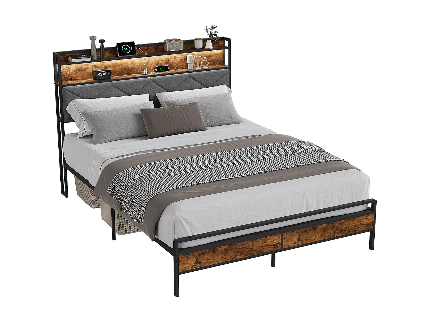 Lit Double 140x200 cm avec LED et USB, Cadre de Lit Industriel Métal et Bois, Sommier à Lattes, Noir