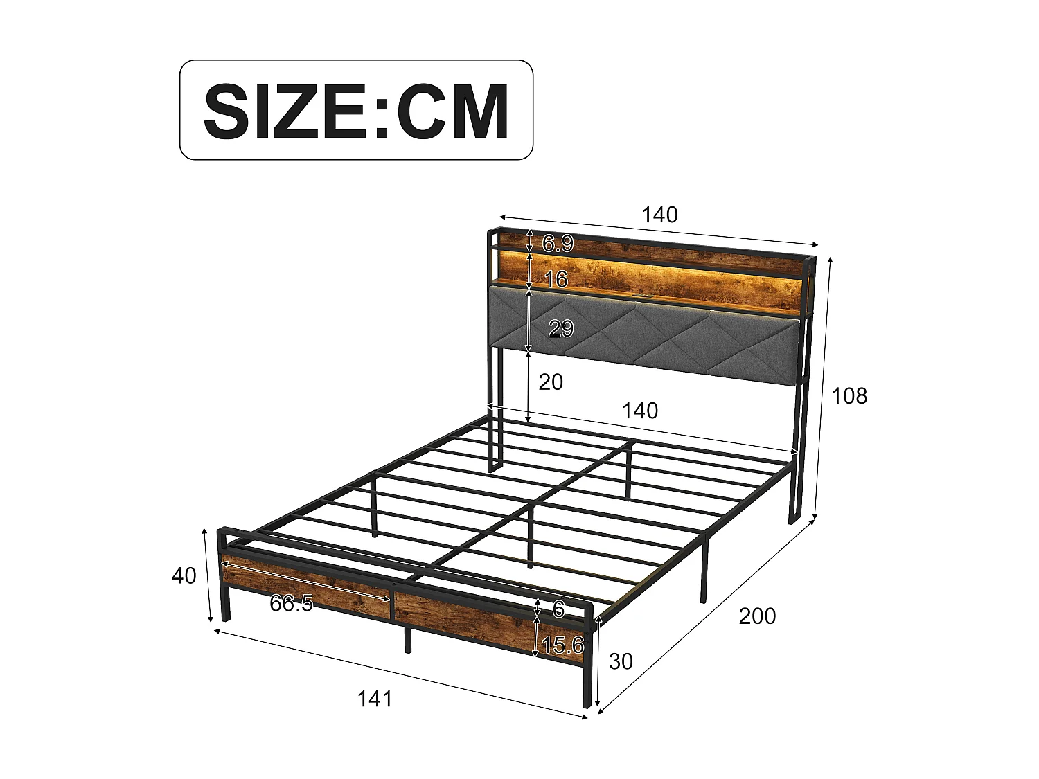 Lit Double 140x200 cm avec LED et USB, Cadre de Lit Industriel Métal et Bois, Sommier à Lattes, Noir