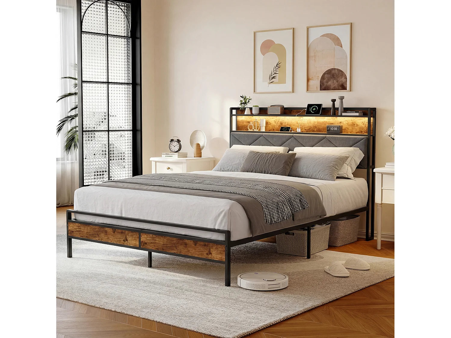 Lit Double 140x200 cm avec LED et USB, Cadre de Lit Industriel Métal et Bois, Sommier à Lattes, Noir