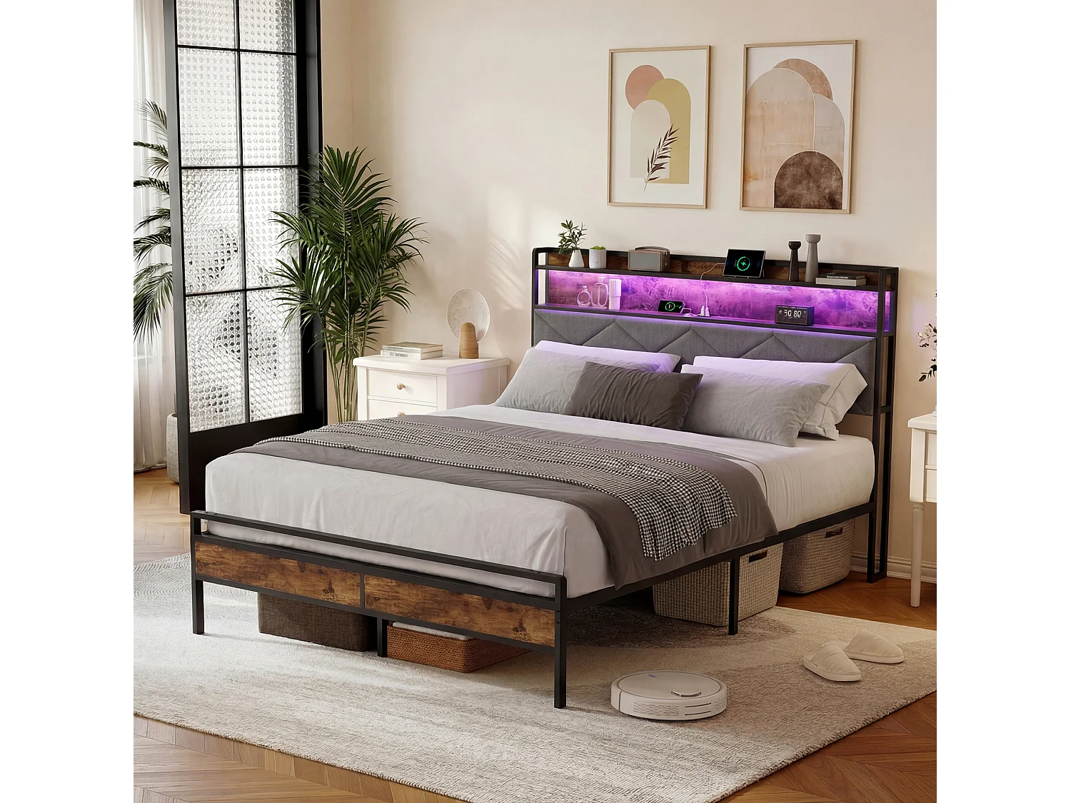 Lit Double 140x200 cm avec LED et USB, Cadre de Lit Industriel Métal et Bois, Sommier à Lattes, Noir