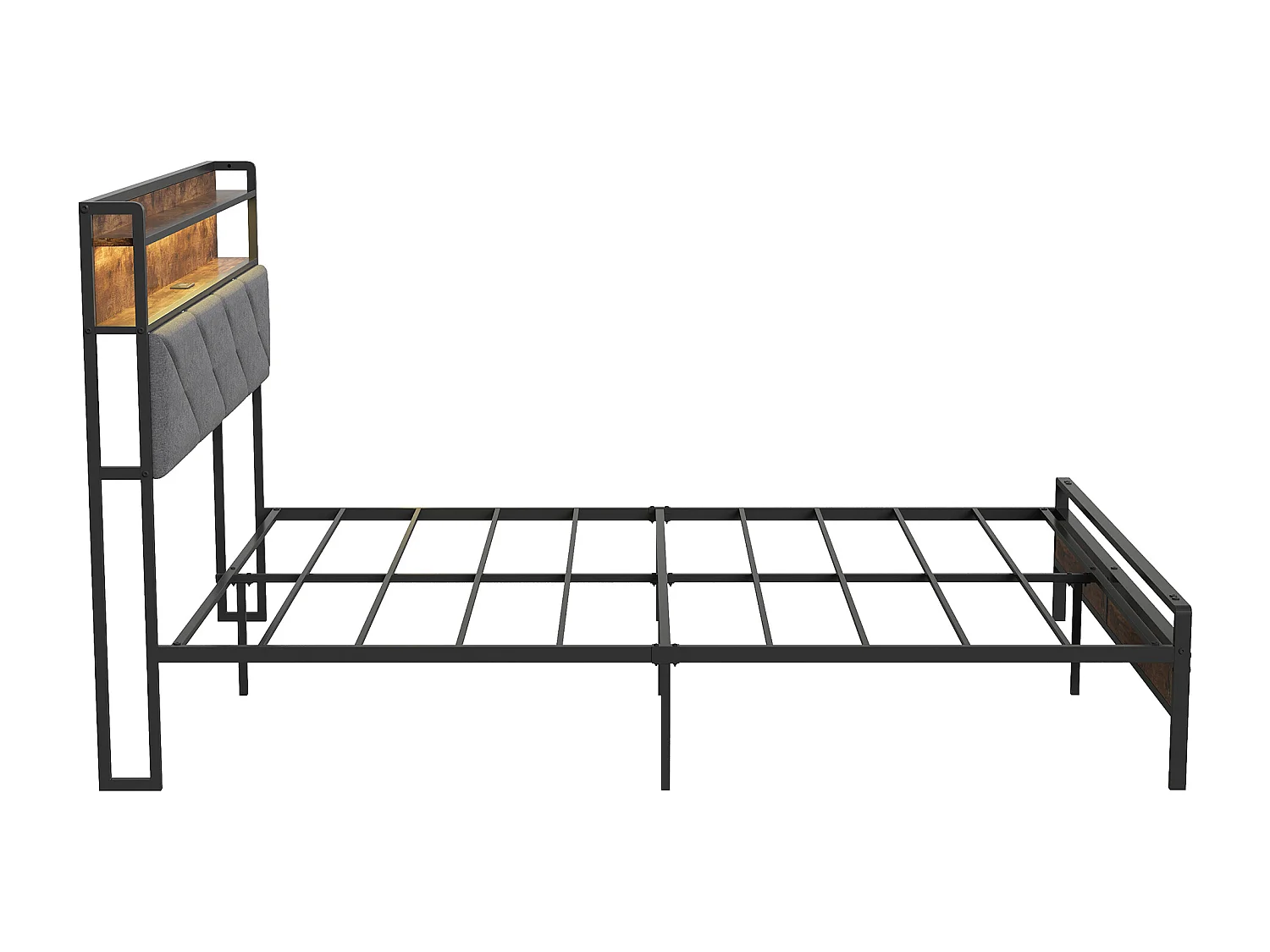Lit Double 140x200 cm avec LED et USB, Cadre de Lit Industriel Métal et Bois, Sommier à Lattes, Noir