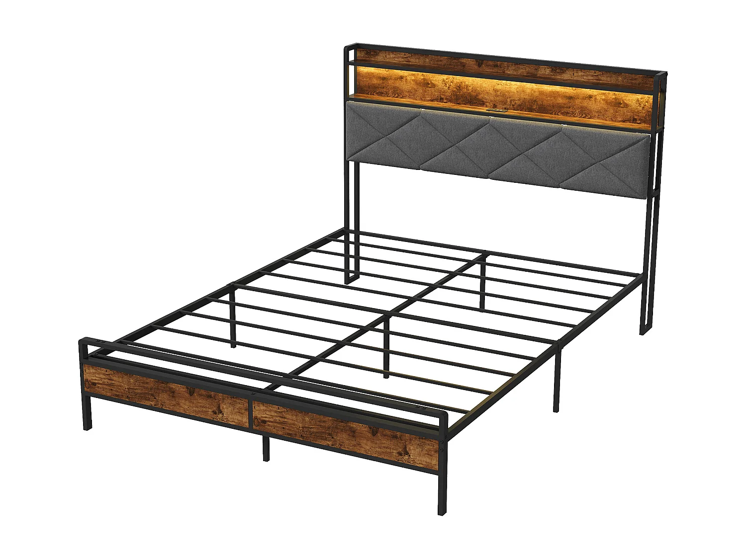 Lit Double 140x200 cm avec LED et USB, Cadre de Lit Industriel Métal et Bois, Sommier à Lattes, Noir
