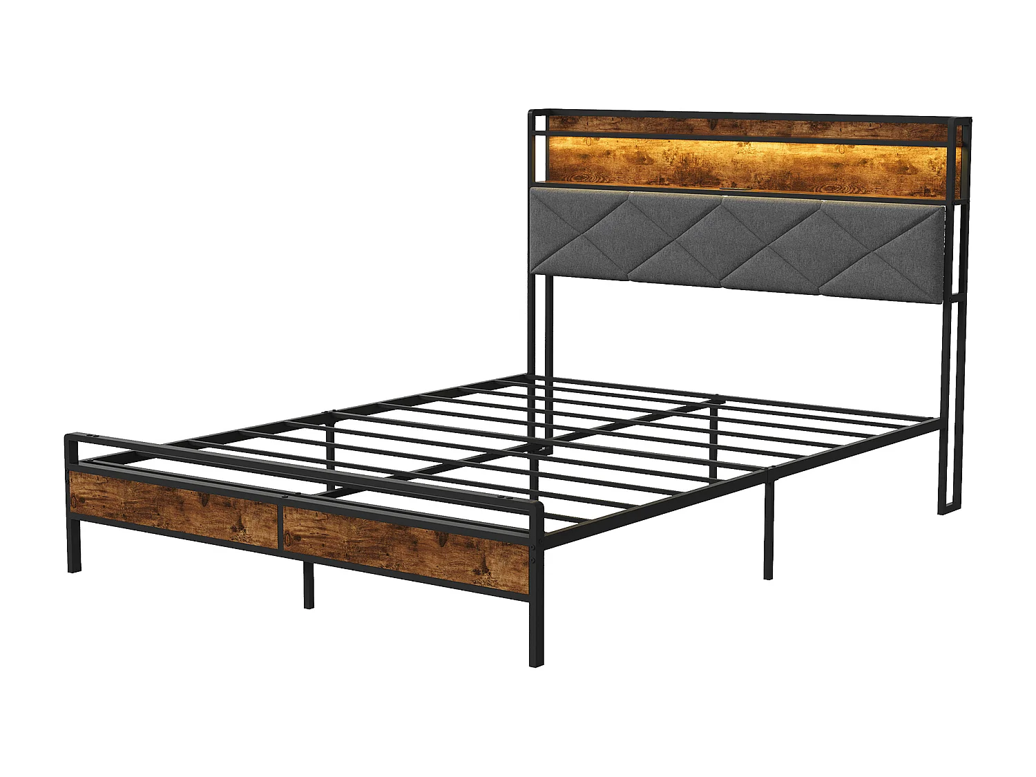 Lit Double 140x200 cm avec LED et USB, Cadre de Lit Industriel Métal et Bois, Sommier à Lattes, Noir