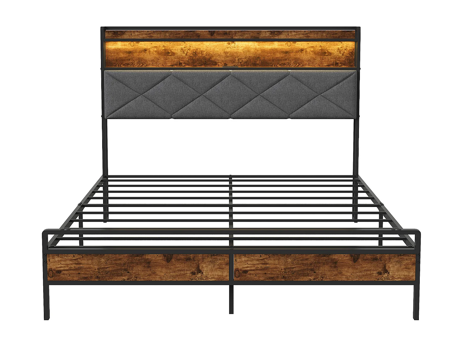 Lit Double 140x200 cm avec LED et USB, Cadre de Lit Industriel Métal et Bois, Sommier à Lattes, Noir