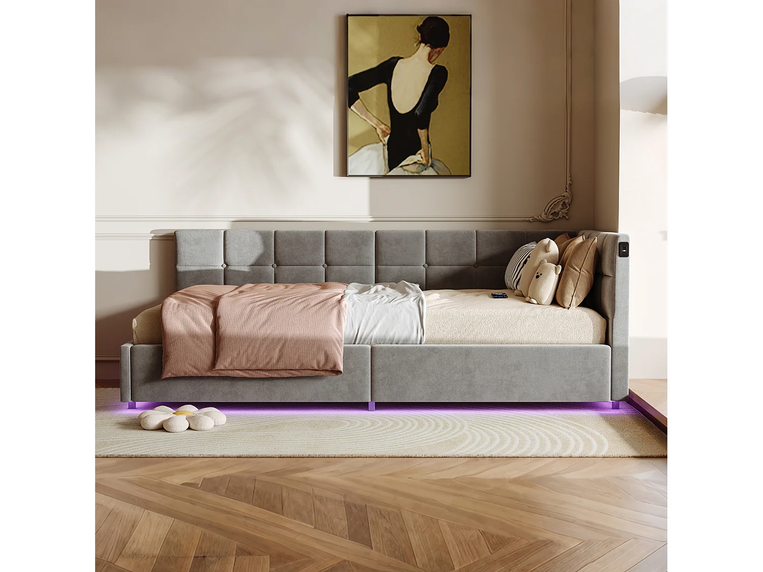 Lit simple rembourré, 90 x 200 cm, avec LED et espace de rangement, avec sommier à lattes, gris