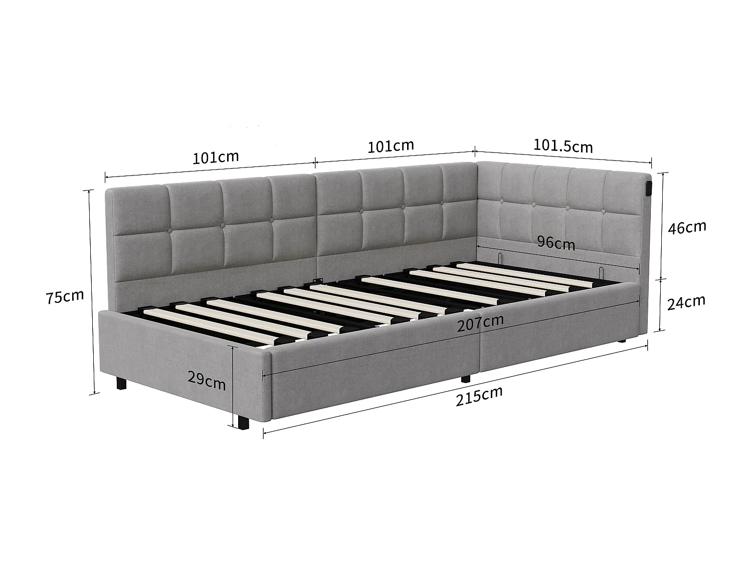 Lit simple rembourré, 90 x 200 cm, avec LED et espace de rangement, avec sommier à lattes, gris