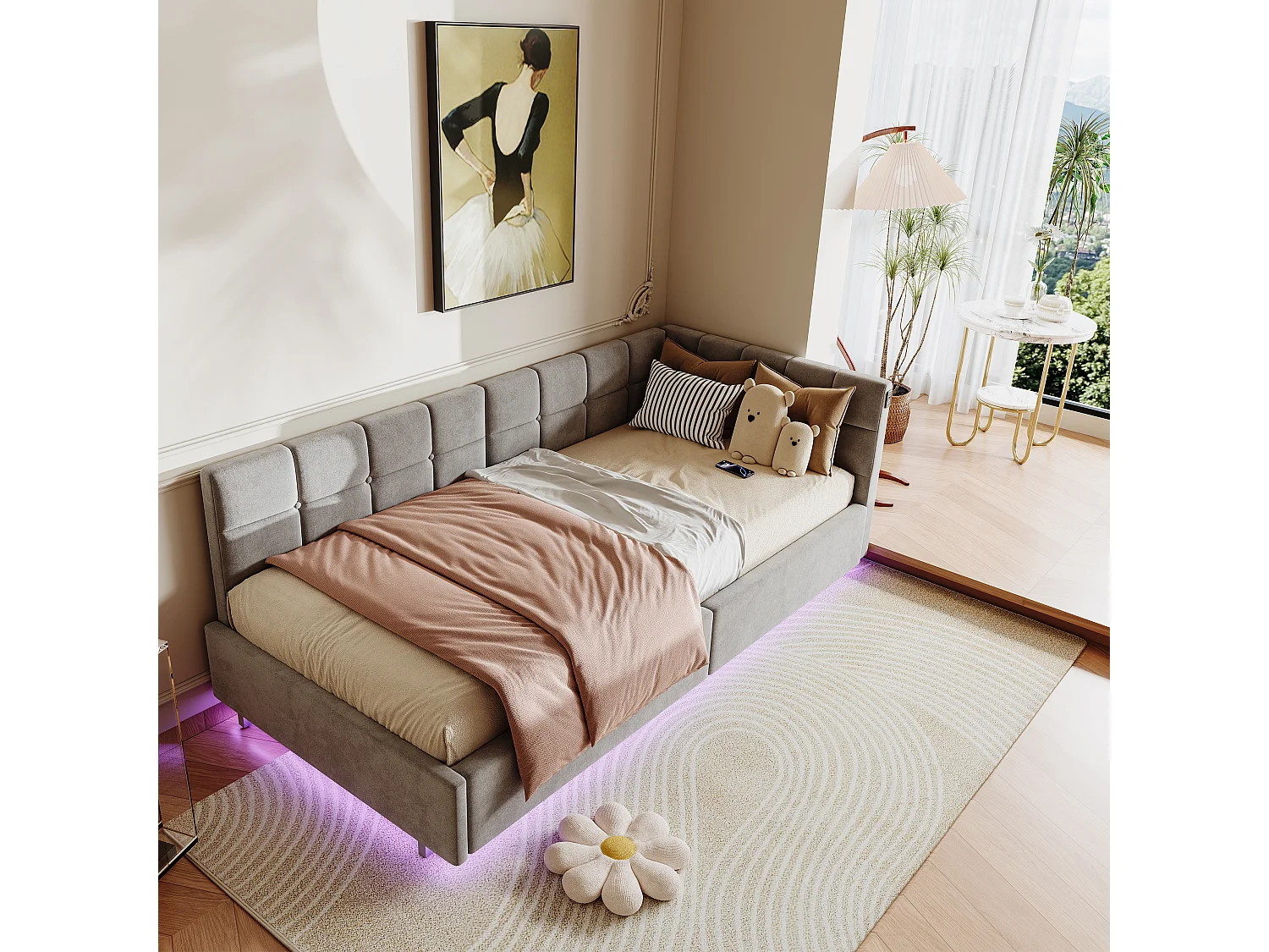 Lit simple rembourré, 90 x 200 cm, avec LED et espace de rangement, avec sommier à lattes, gris