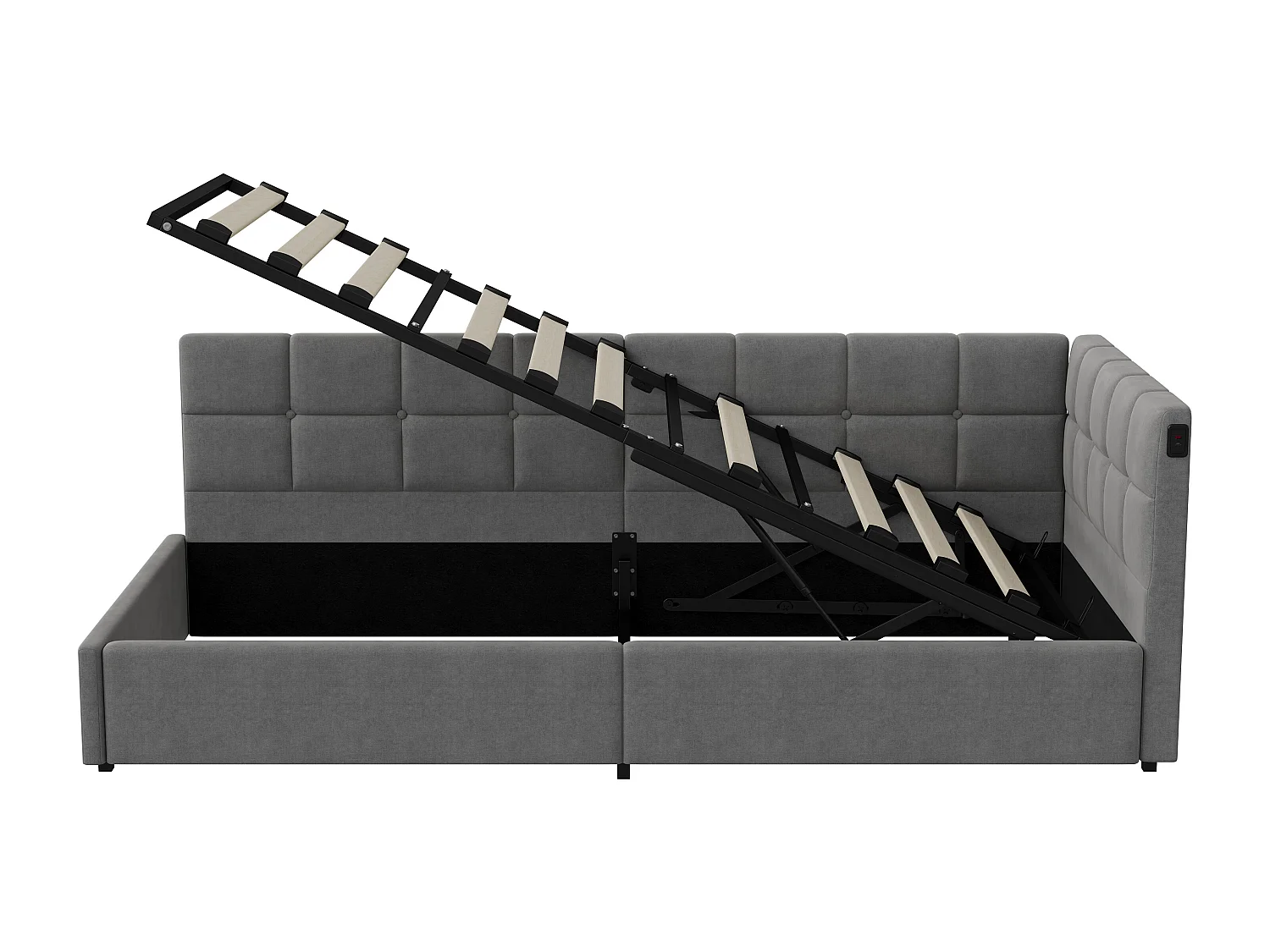 Lit simple rembourré, 90 x 200 cm, avec LED et espace de rangement, avec sommier à lattes, gris
