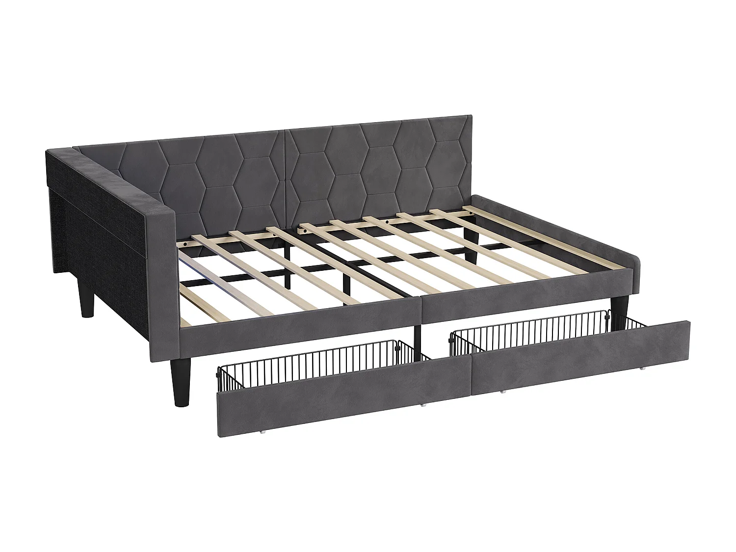 Letto matrimoniale multifunzionale 140 x 200 cm con 2 cassetti, illuminazione a LED e porte USB, velluto, grigio
