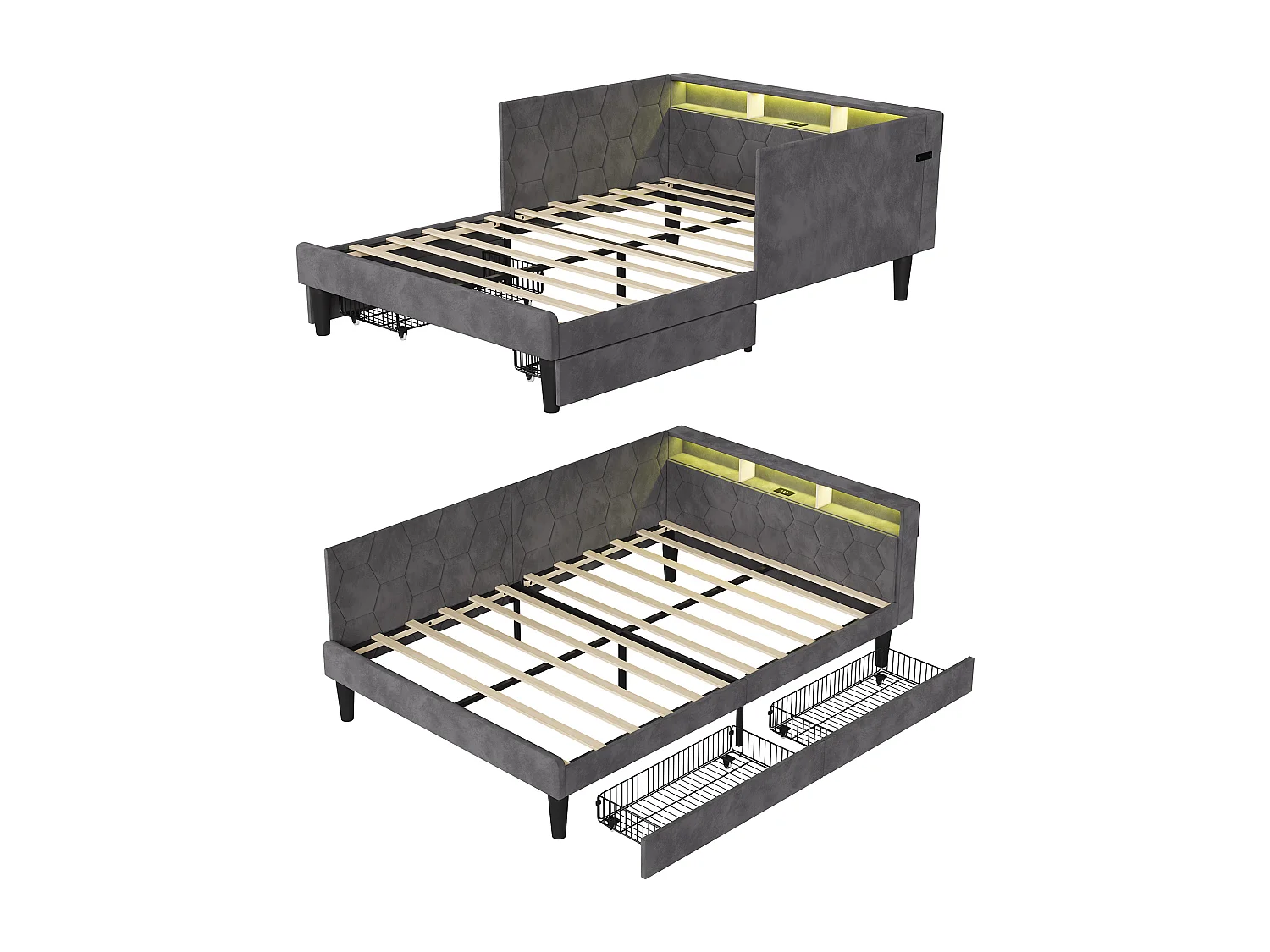 Letto matrimoniale multifunzionale 140 x 200 cm con 2 cassetti, illuminazione a LED e porte USB, velluto, grigio