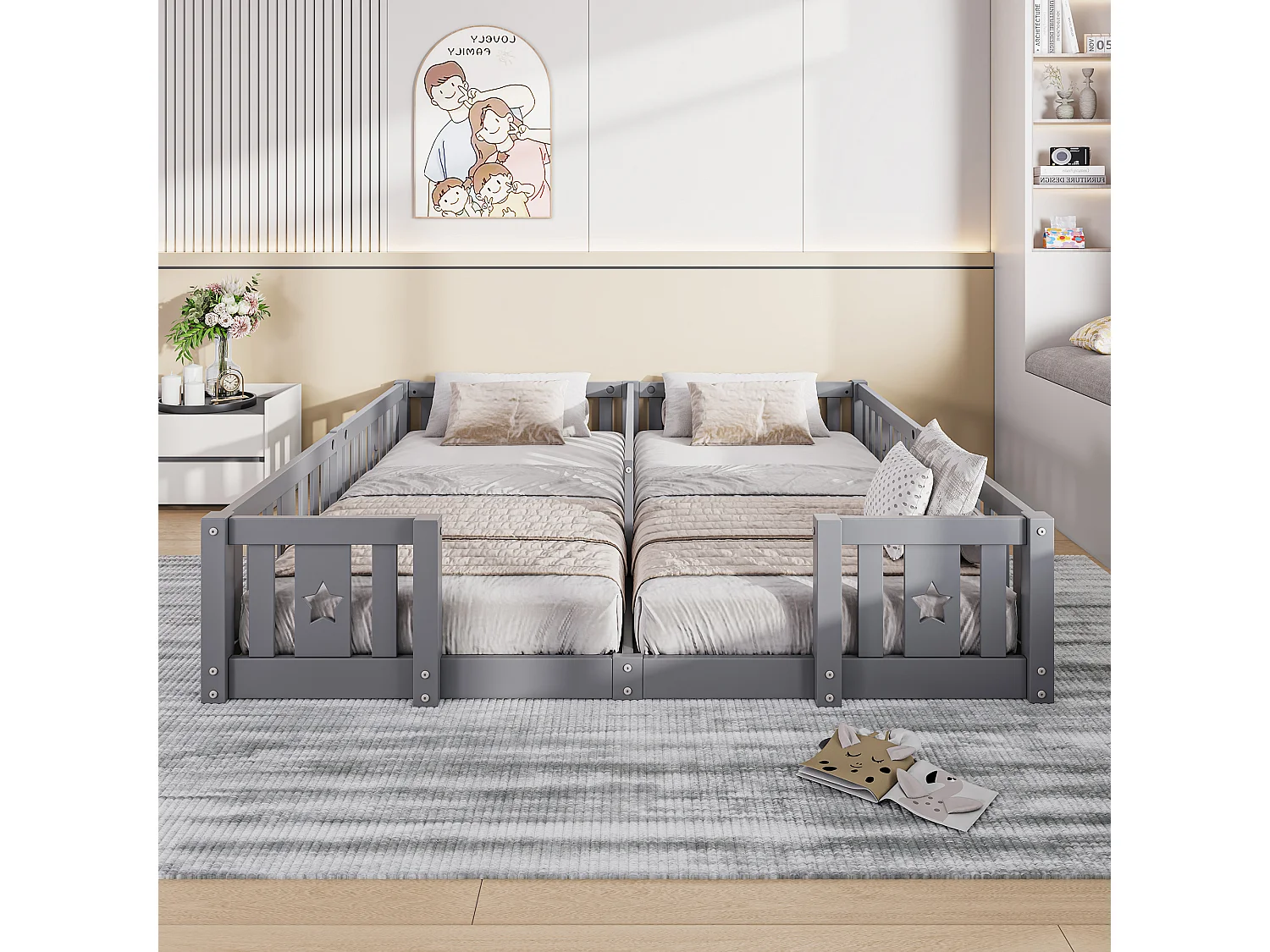 Lit Montessori au sol, bois massif pin, 2 lits 90 x 200 cm avec barrières étoile, sommier à lattes, Gris