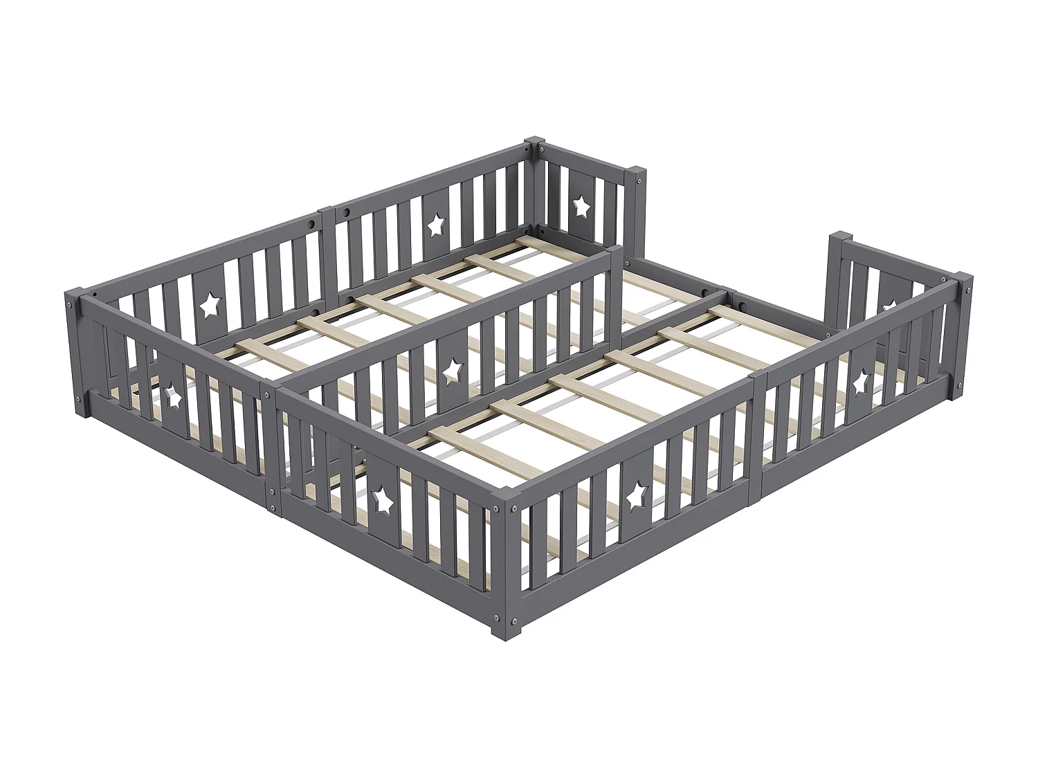 Lit Montessori au sol, bois massif pin, 2 lits 90 x 200 cm avec barrières étoile, sommier à lattes, Gris