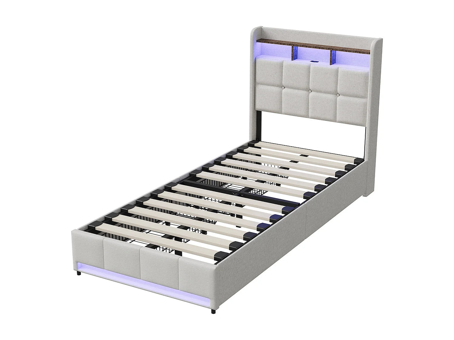 Lit 90 x 200 cm LED et USB, lit 1 personne avec sommier, 2 tiroirs, tête de lit rangement, lin, beige