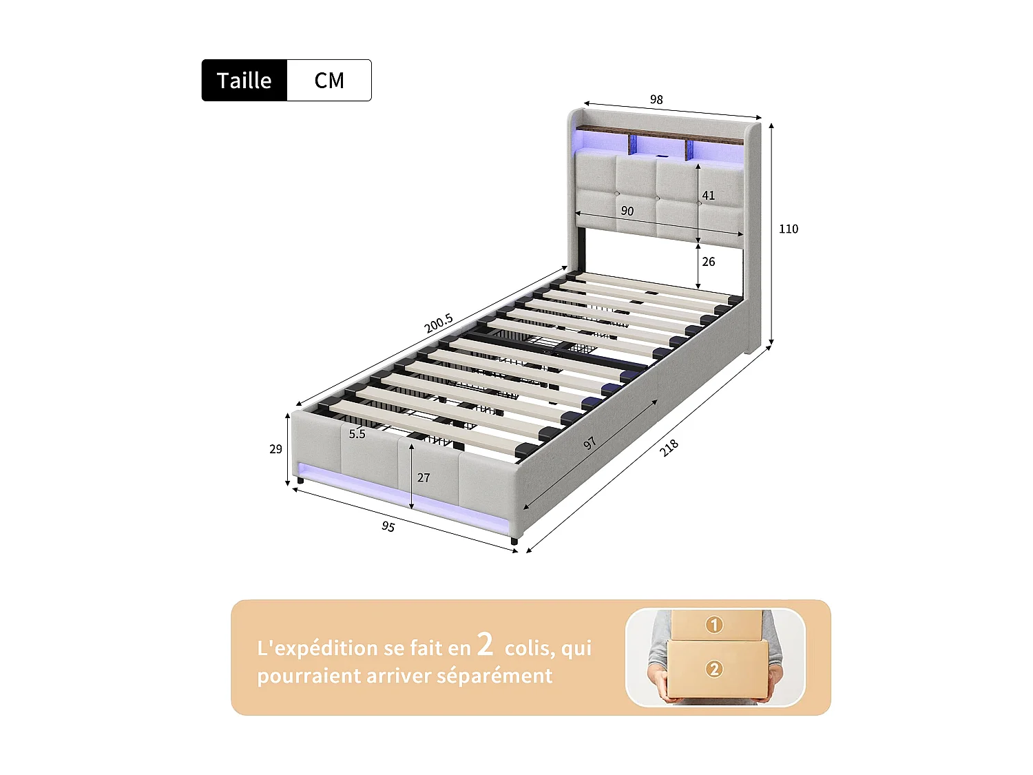 Lit 90 x 200 cm LED et USB, lit 1 personne avec sommier, 2 tiroirs, tête de lit rangement, lin, beige
