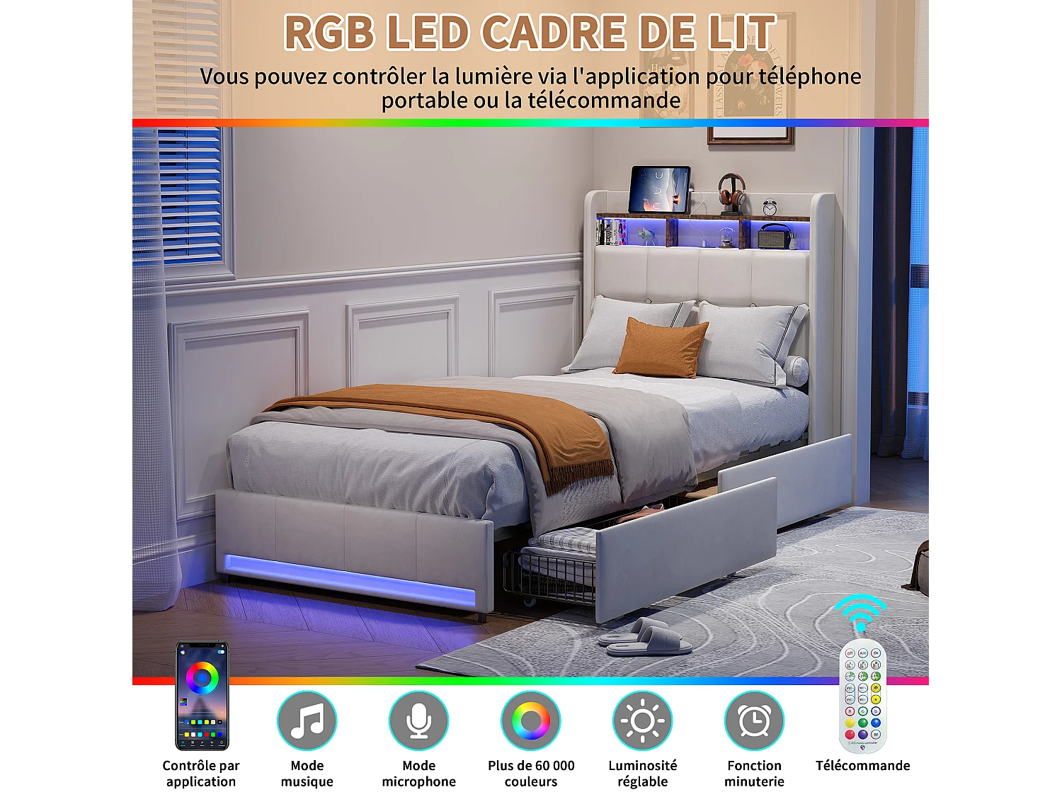 Lit 90 x 200 cm LED et USB, lit 1 personne avec sommier, 2 tiroirs, tête de lit rangement, lin, beige