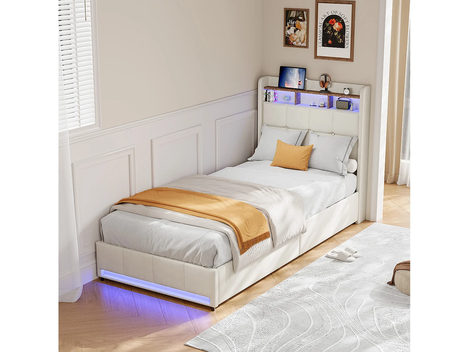 Lit 90 x 200 cm LED et USB, lit 1 personne avec sommier, 2 tiroirs, tête de lit rangement, lin, beige