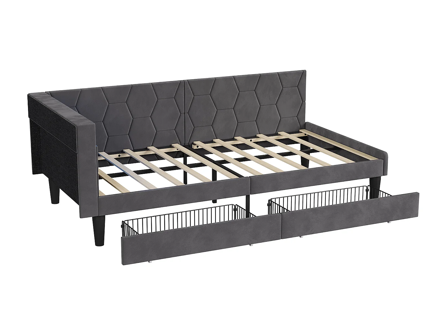 Lit Simple Multifonction 90 x 200 cm avec 2 Tiroirs, avec LED et Ports USB, Velours, Gris