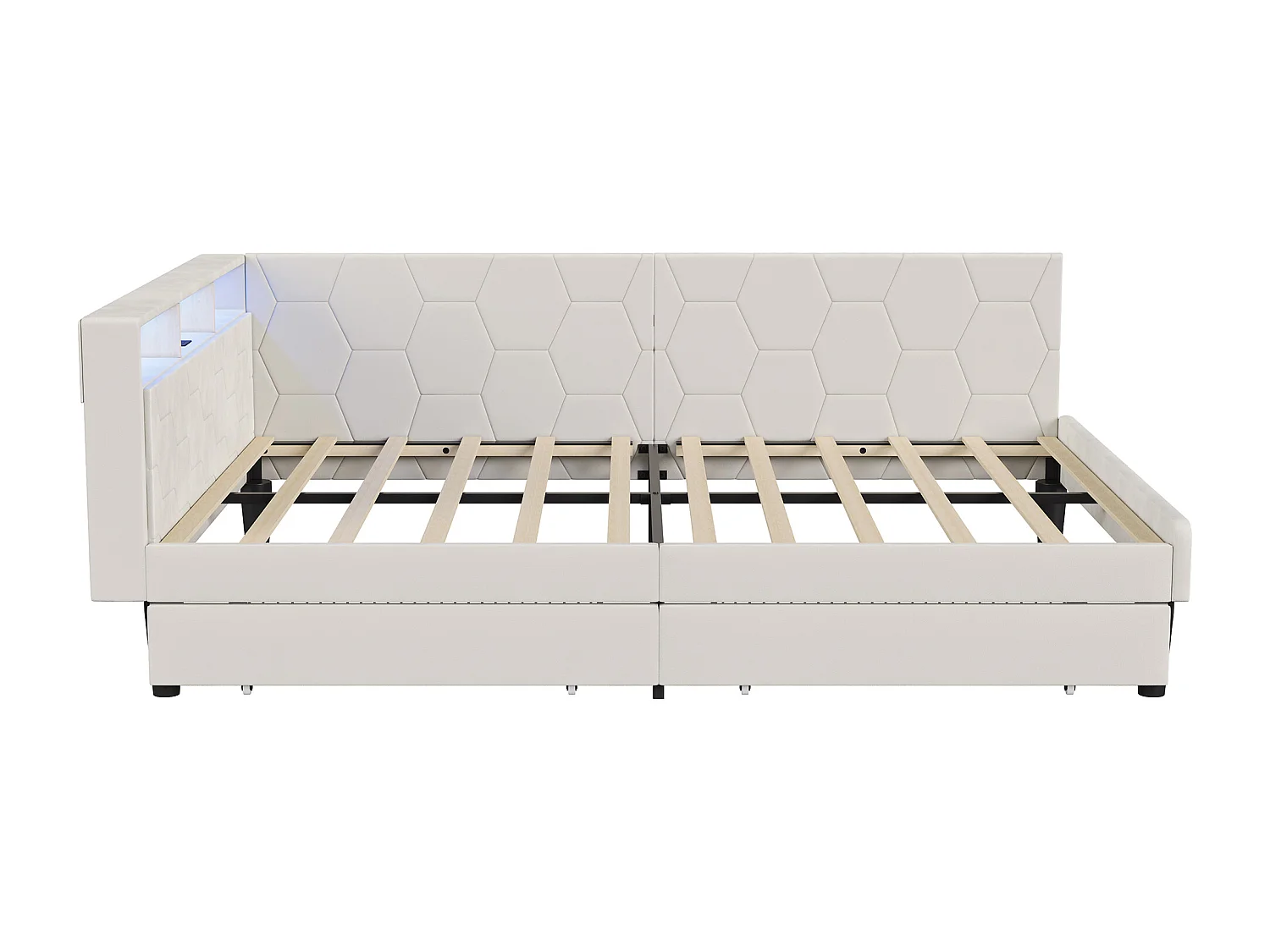 Cama de casal multifuncional 140 x 200 cm com 2 gavetas, iluminação LED e portas USB, veludo, bege.
