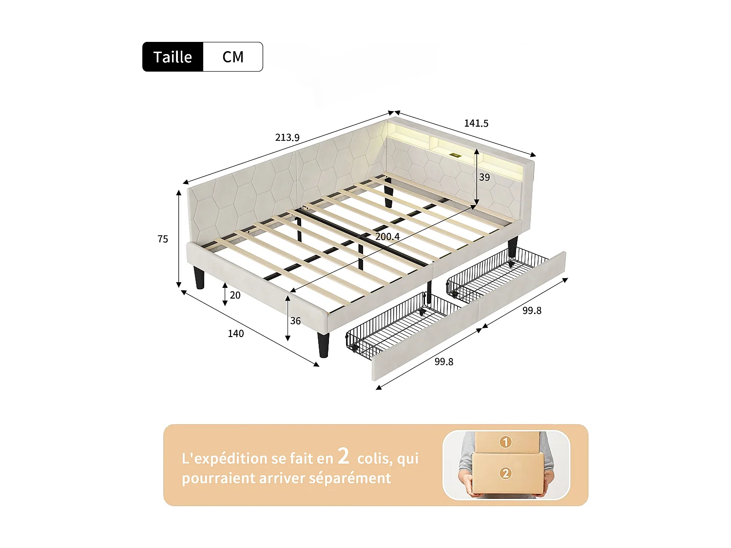 Cama de casal multifuncional 140 x 200 cm com 2 gavetas, iluminação LED e portas USB, veludo, bege.