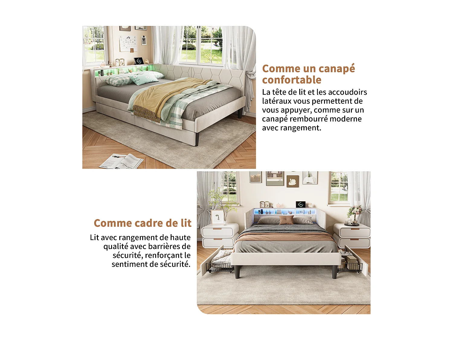 Cama de casal multifuncional 140 x 200 cm com 2 gavetas, iluminação LED e portas USB, veludo, bege.