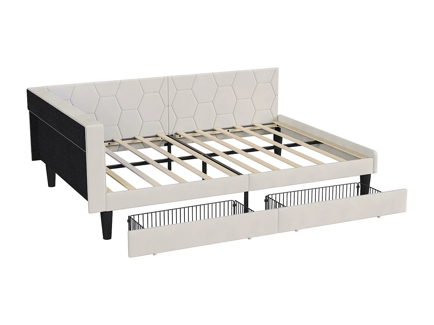 Cama de casal multifuncional 140 x 200 cm com 2 gavetas, iluminação LED e portas USB, veludo, bege.